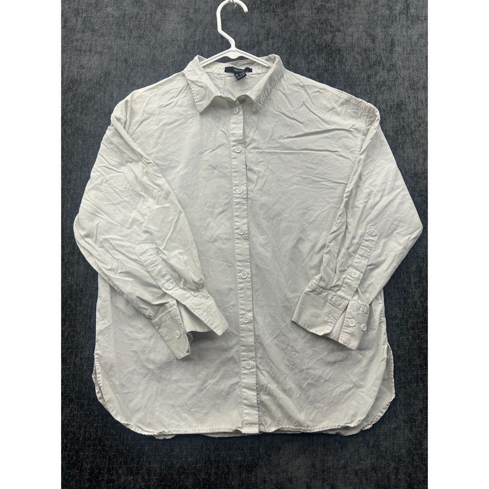 Forever 21 Shirt Womens Small White Back Box Curved Hem Casual Wear Button Up